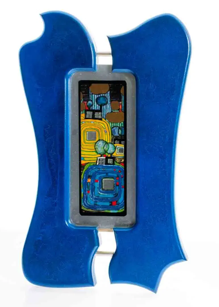 Hundertwasser Motiv „Baumwiesen/Spiralfelder“ Druck im blauen Deko-Rahmen, ca. 33x23 cm - Bild 4