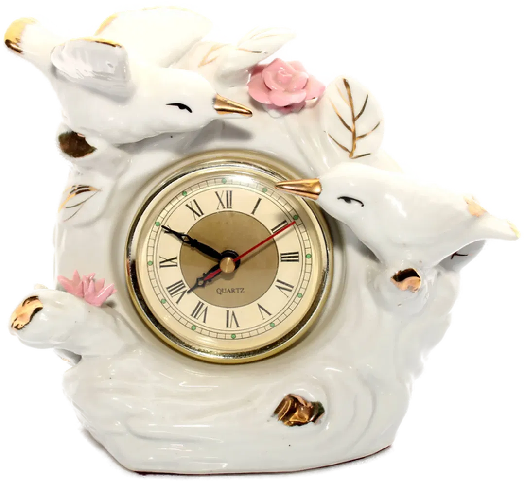 Porzellan Uhr mit Vögeln und Rosen – Weiß/Gold – Vintage Tischuhr – Quartz - Bild 4