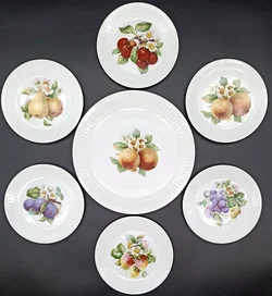 Vintage Hutschenreuther Selb - strukturierte Porzellan-Kuchenplatte mit 6 Gebäcktellern (Serie Apart / Obst-Serie) – Vorschau 1