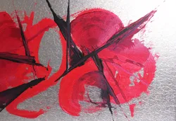 Bild Abstraktes Original Gemälde auf Leinwand – Rot/Schwarz auf Silber – gerahmt – 89 × 68 cm, Signiert - Bild 3