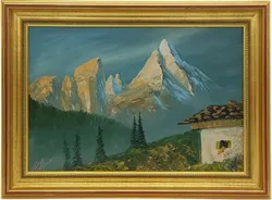 Ölgemälde mit Natur- und Berglandschaft in goldenem Rahmen - Bild 1