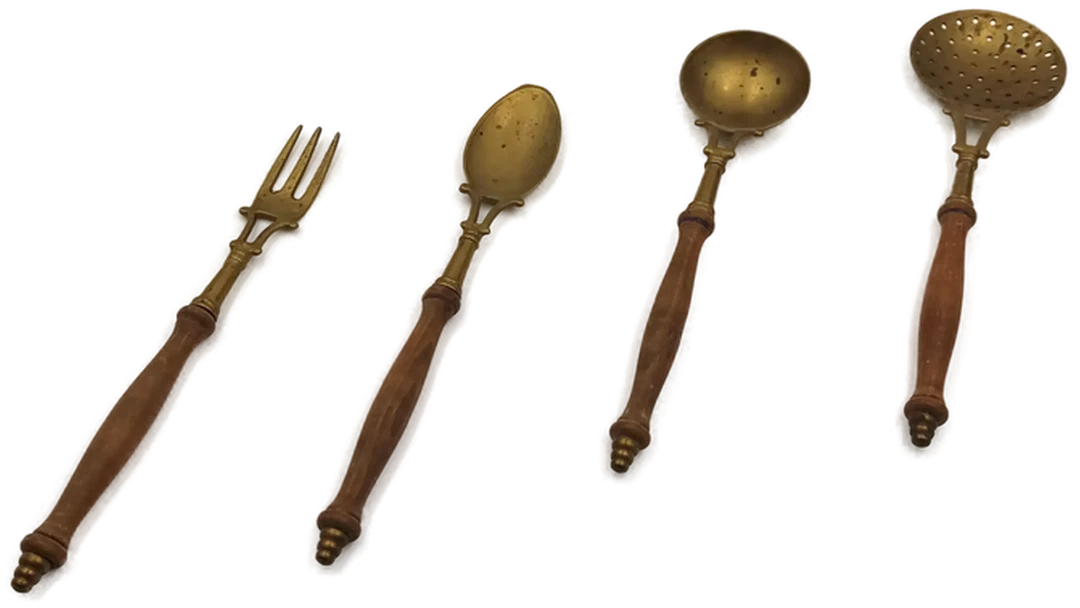 Vintage Servierbesteck aus Messing & Holz 4er Set  – Bild 1