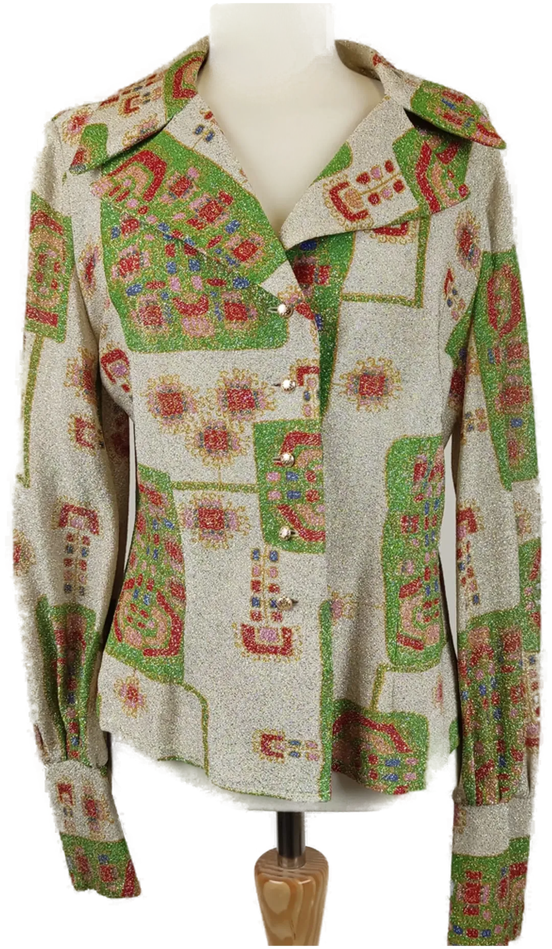 Vintage Damenbluse mit Reverskragen und breiten Manschetten gemustert - M/38 - Bild 4