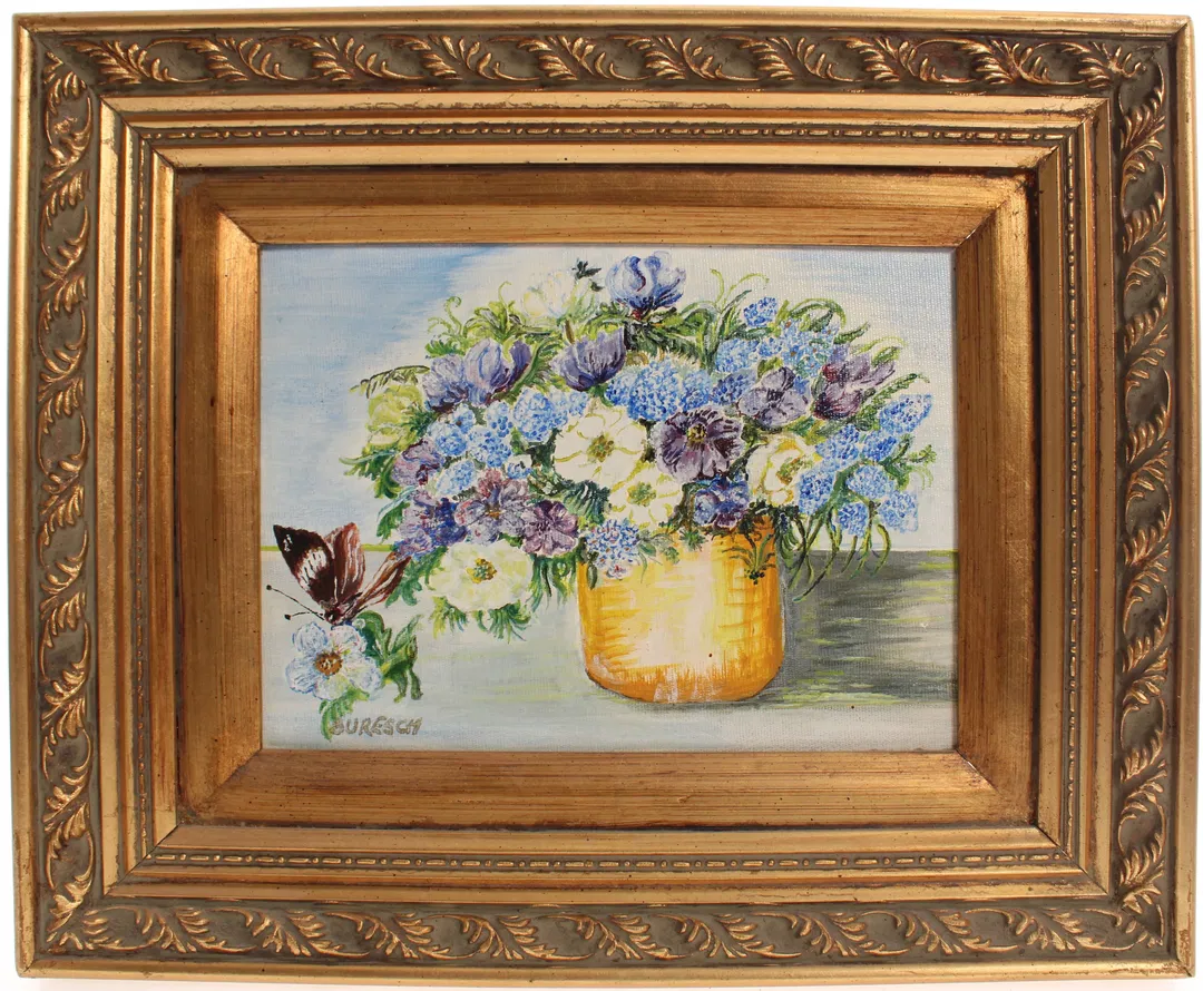 Gemälde „Blumenstrauß im goldenen Krug“ – signiert Buresch, Öl auf Leinenkarton, gerahmt - Bild 1
