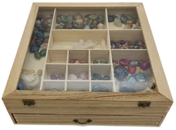 Setzkasten mit Halbedelsteinen, Steinen und 2 Fossilien - Bild 2