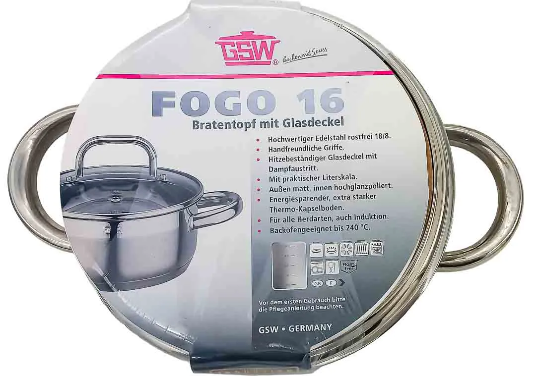 Fogo 16 GWS Bratentopf mit Glasdeckel 18/8, Induktionsgeeignet – Bild 2
