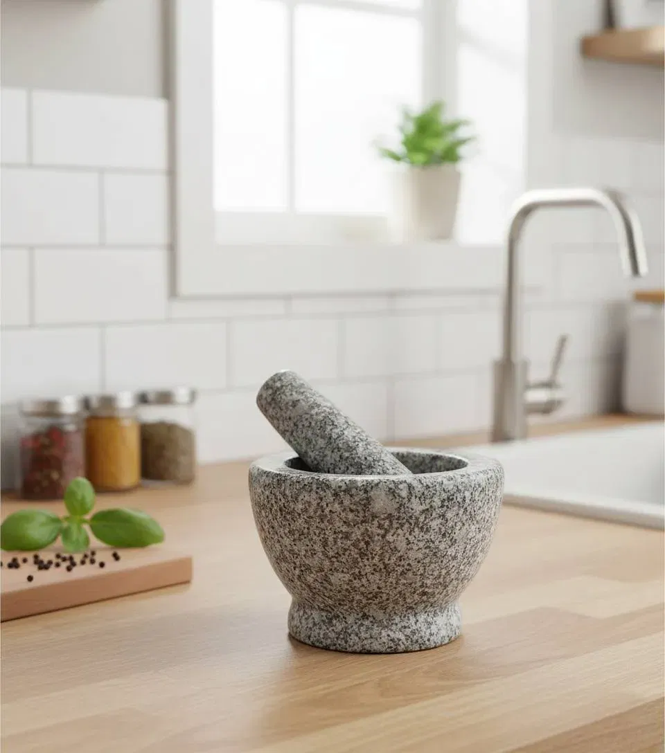 Granit-Mörser mit Stößel – H ≈13,5 cm, Ø ≈18 cm – robuster Küchenmörser für Gewürze & Kräuter - Bild 1