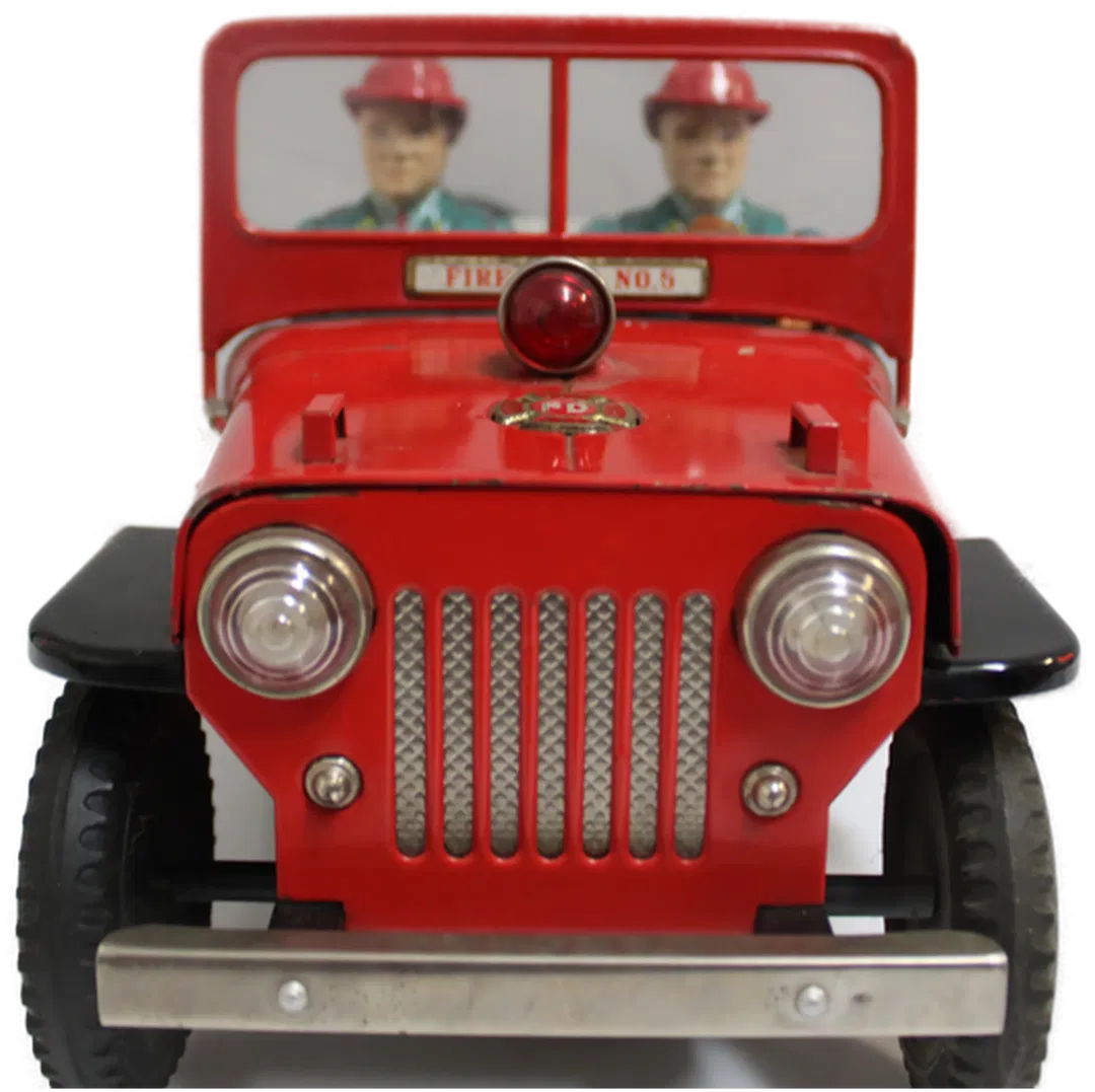 Vintage 60er Blechspielzeug Jeep FIRE DEPT No.5 von TN Nomura Japan – 35 cm Feuerwehrfahrzeug mit Figuren & Funktion - Bild 2