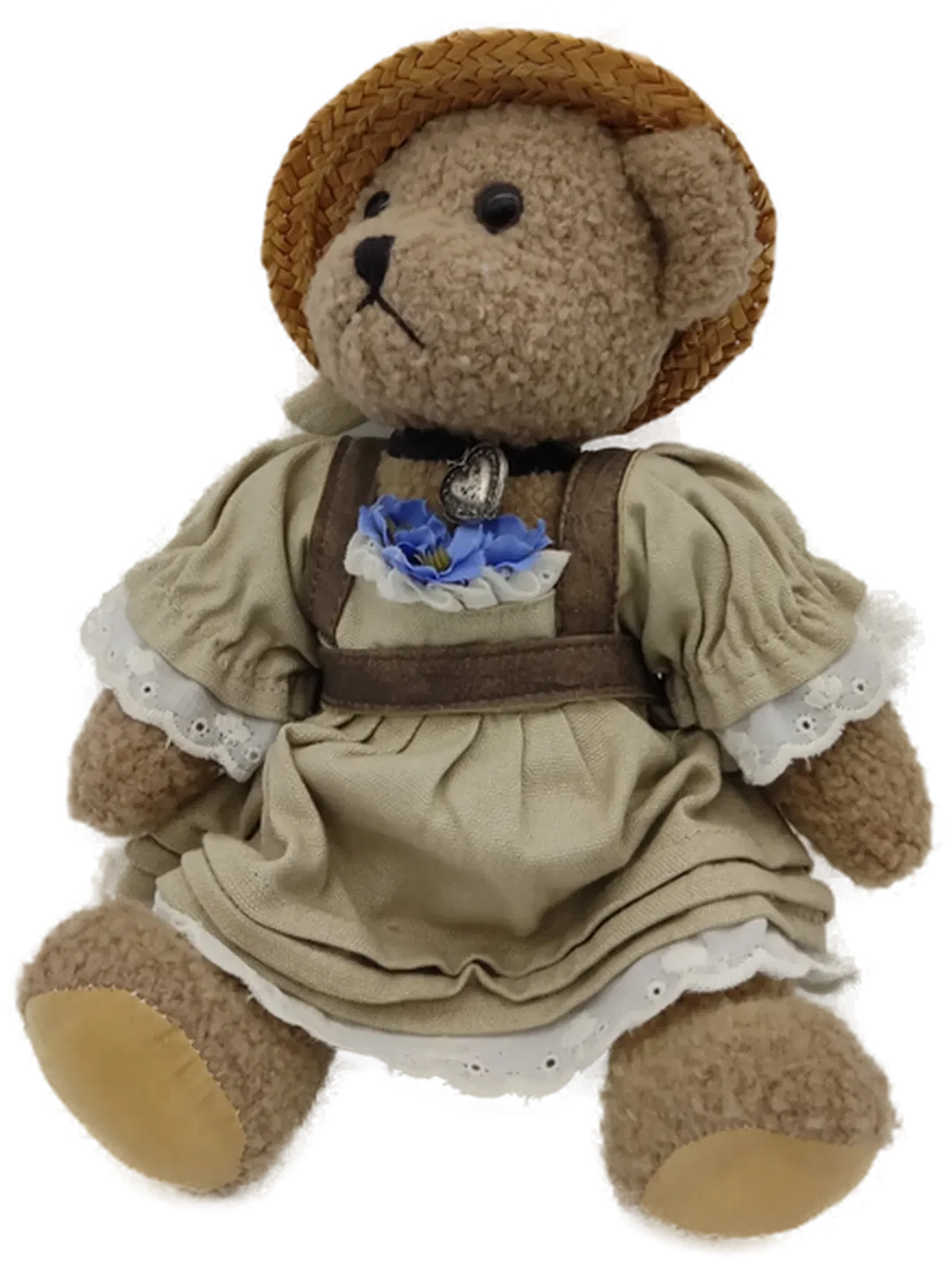 Teddy Bär mit Kleid und Strohhut Vintage - Bild 4