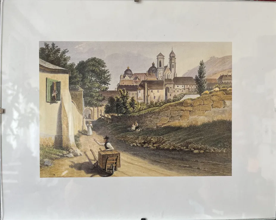 Kunstdruck von einem Aquarell v. 1834 - GUSTAV REINHOLD (1798-1849) Blick auf Klosterneuburg mit Glasbilderrahmen – Bild 1