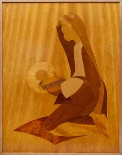 Vintage Intarsien Holzbild Madonna mit Kind, gerahmt, 45,5 × 58 cm - Bild 1