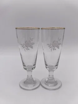2 Stk. Vintage-Sektflöten/Champagnergläser, Goldrand, geätztem Rosendekor, 1960er/1970er  – Vorschau 1