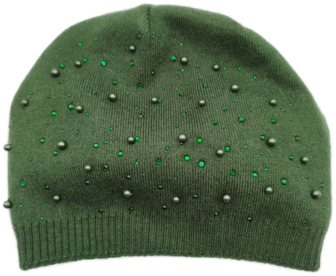 Grüne Wintermütze im Perlen-Look - 85% Viskose, 10% Kaschmir, 5% Elasthan - Bild 1