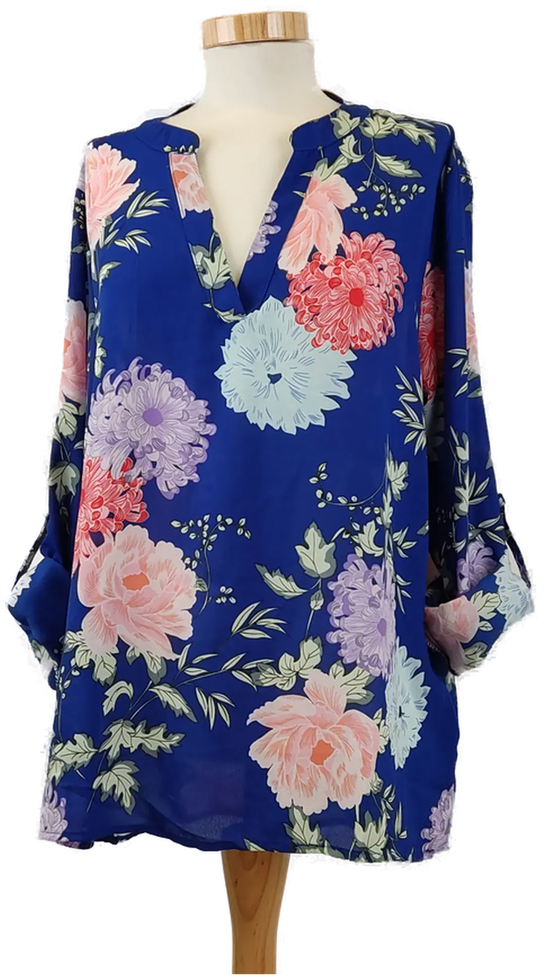 Damen Bluse blau mit bunten Blumen, Ärmelriegel, Gr. L - Bild 1