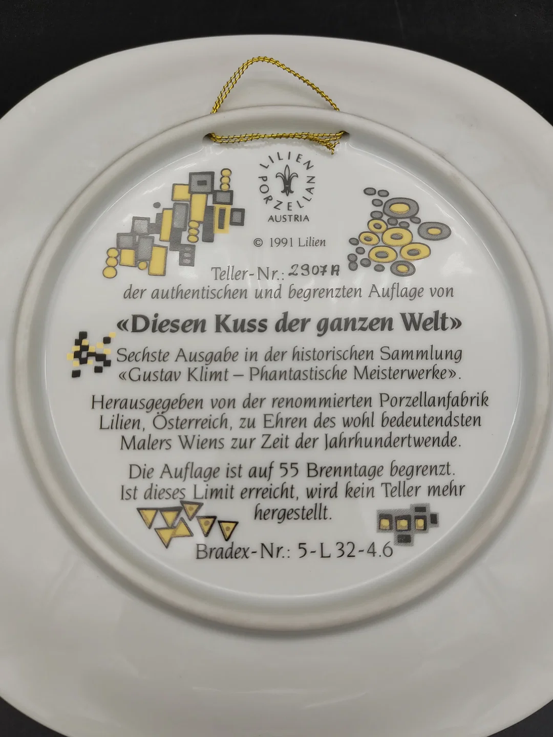 Lilien Porzellan - Sammelteller "Diesen Kuss der ganzen Welt" Gustav Klimt / Teller-Nr.: 2907 A – Bild 3