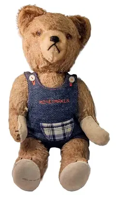 Vintage Teddybär 35cm mit Jeans-Latzhose Bestickung MONEYMAKER Beige - Bild 3