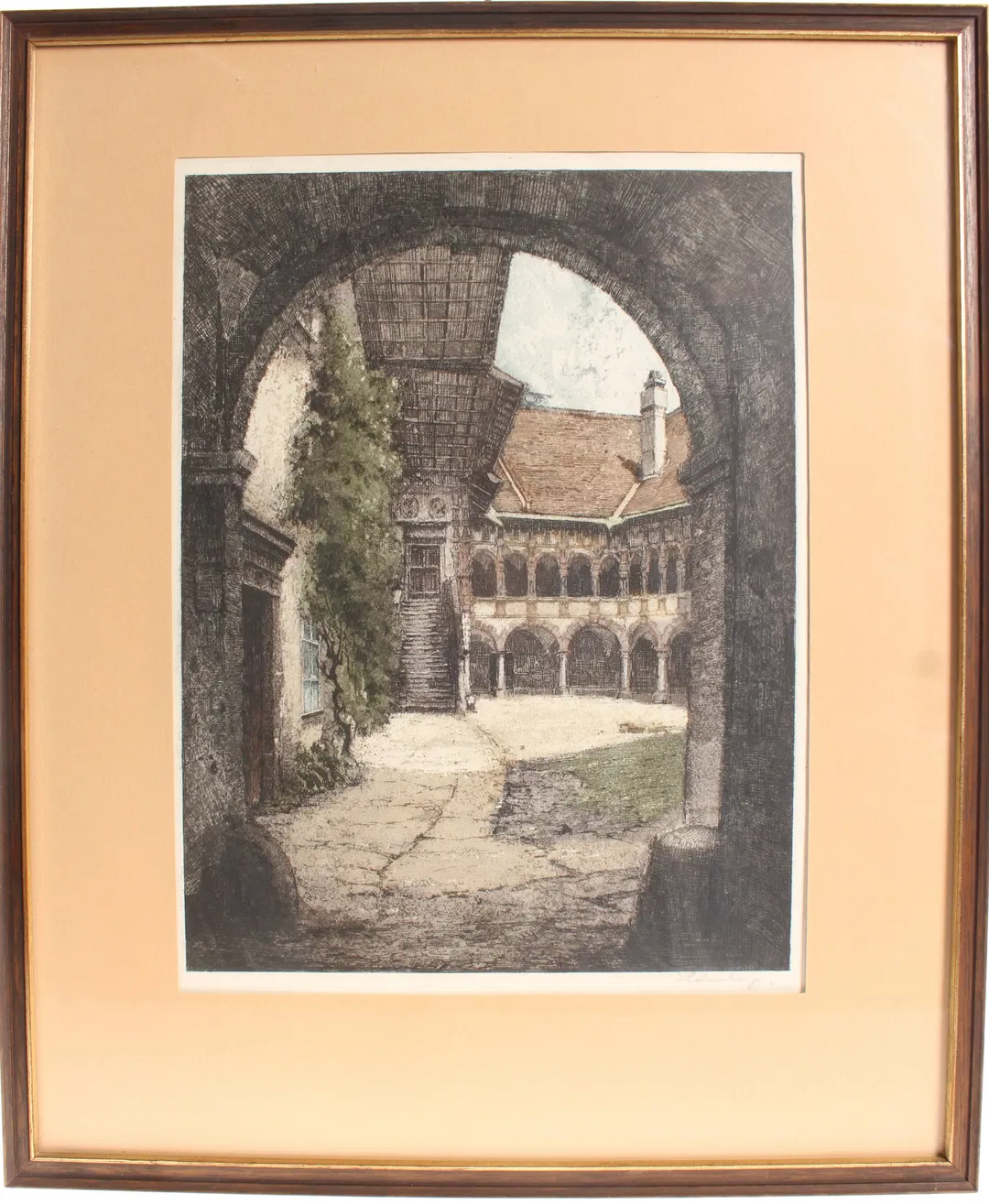 Bild Josef Eidenberger – Farbradierung (koloriert) „Arkadenhof / Innenhof“ – gerahmt - Bild 4