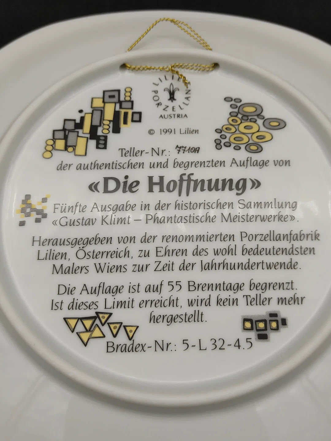 Lilien Porzellan - Sammelteller "Die Hoffnung" Gustav Klimt / Teller-Nr.: 7710 A – Bild 3