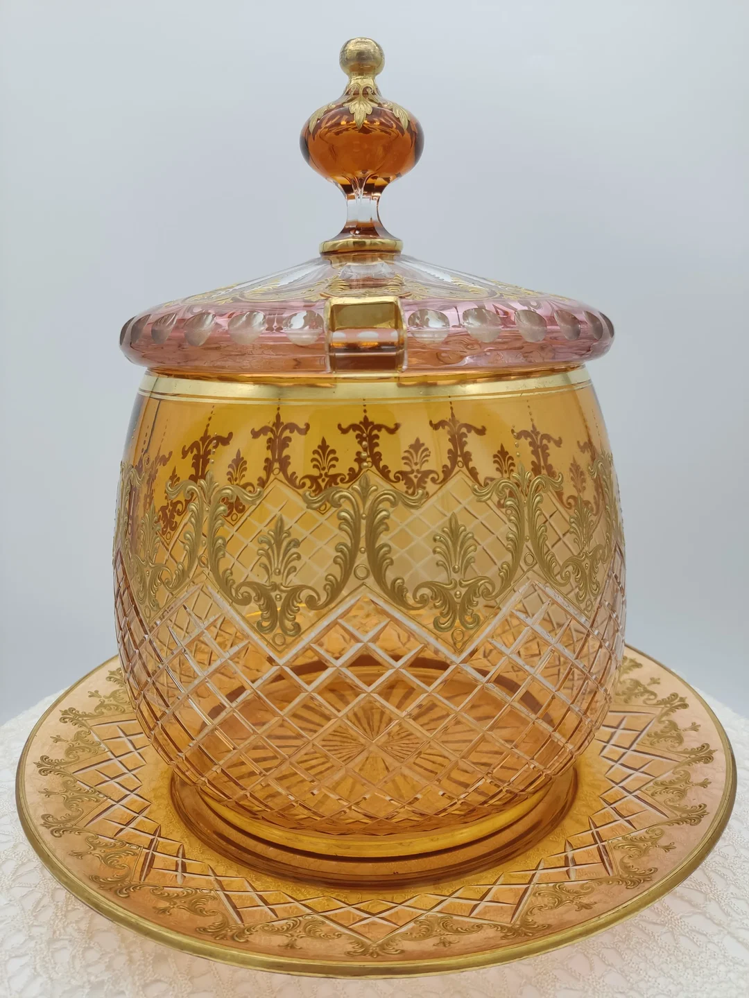 Glas Bowle-Gefäß mit Unterteller mit Golddekor | Festlicher Blickfang - Bild 1
