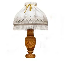 Holzlampe mit Stoffschirm, Schnitzereien, H 72 cm, Vintage - Bild 2