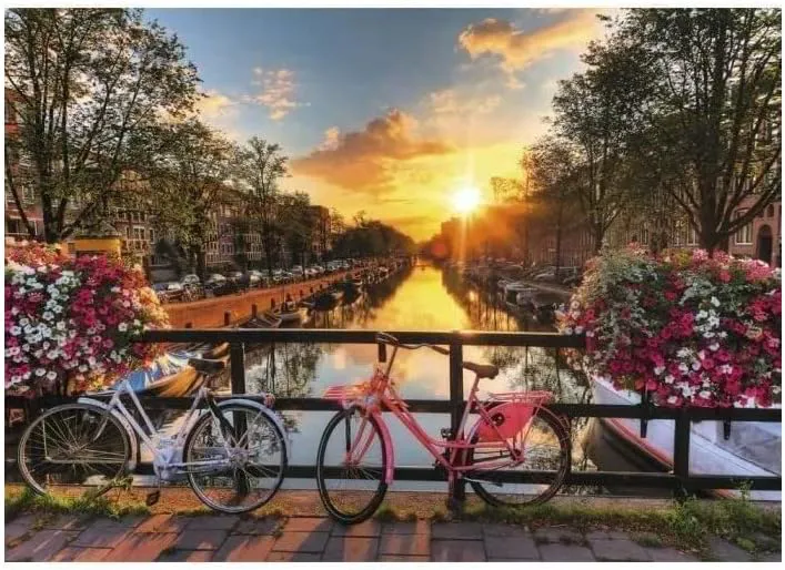 Ravensburger Puzzle 1000 Teile – Amsterdam-Kanal bei Sonnenuntergang, Fahrräder auf Brücke – Bild 2