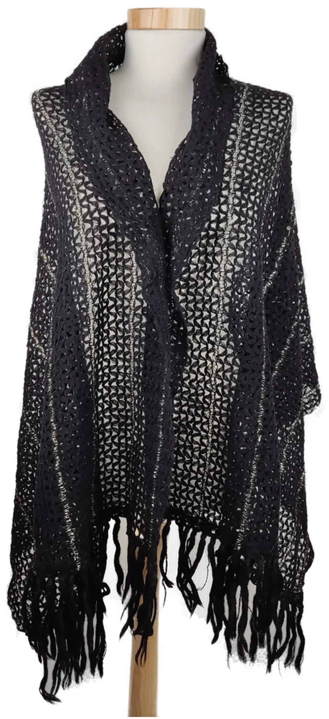 Stola gestrickt, schwarz/silber mit Fransen - Bild 1