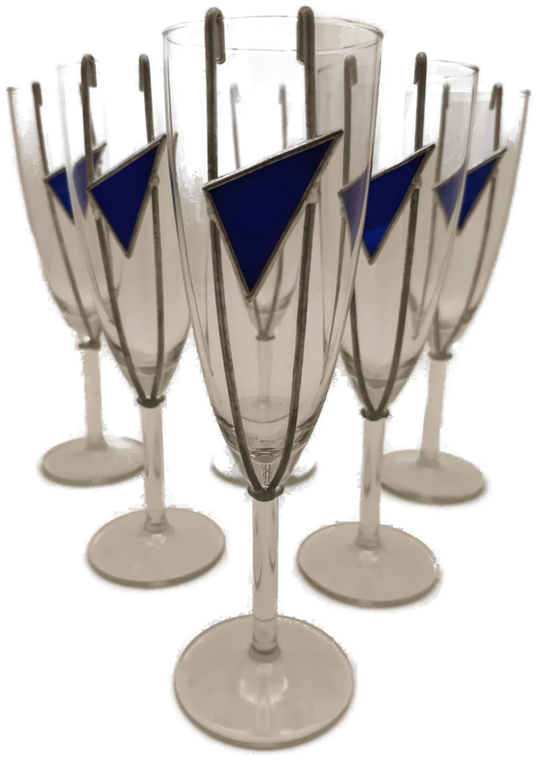 Champagner-/Sektgläser 6 Stück handverziert mit blauen Glasdreiecken Kunsthandwerk - Bild 4