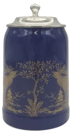 Jagdkrug/Bierkrug aus Porzellan mit Deckel in blau-gold, Höhe 17cm – Vorschau 4