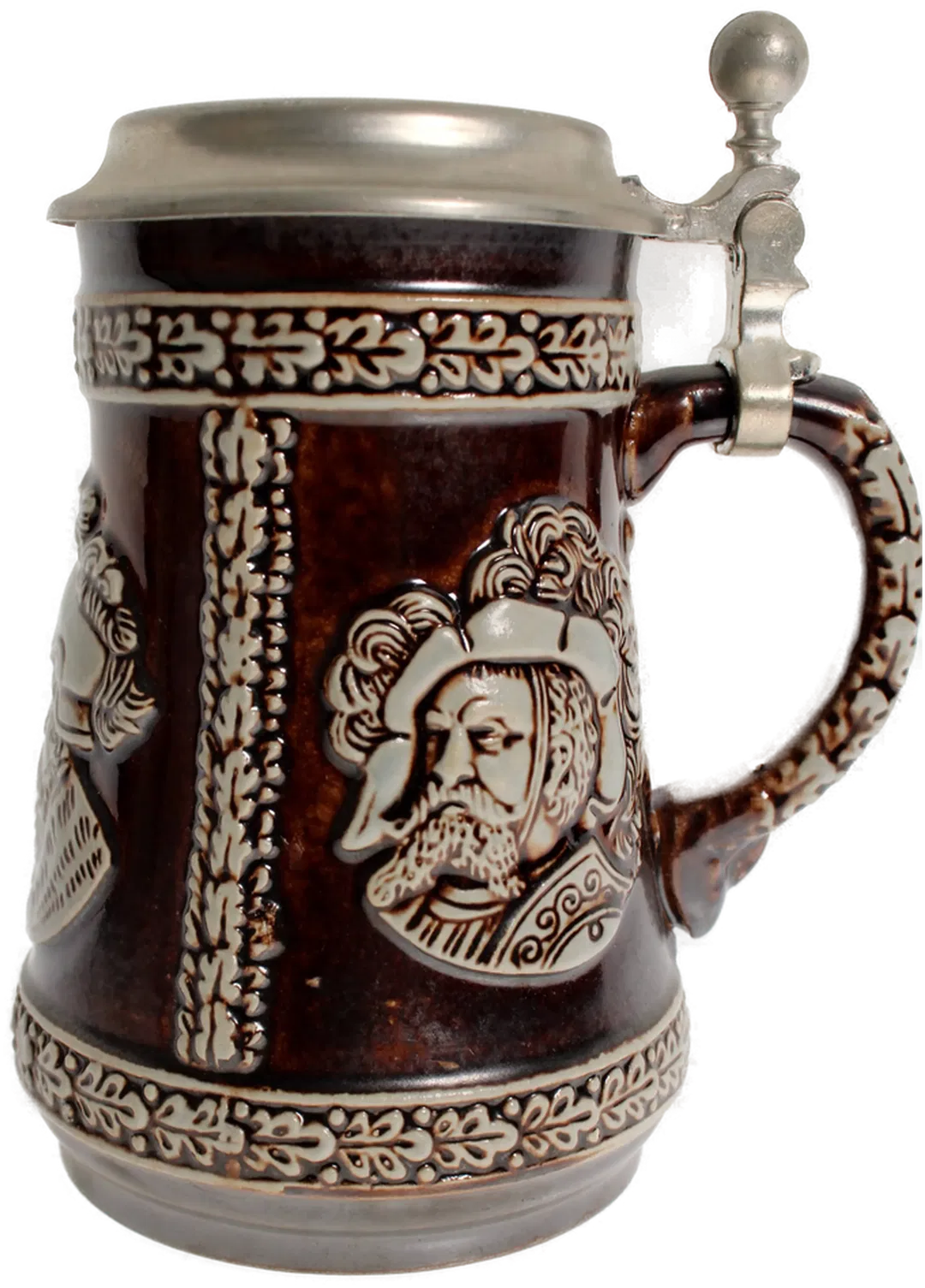 Steinzeug Bierkrug mit Zinndeckel, Reliefdekor – Höhe 15,5 cm - Bild 1