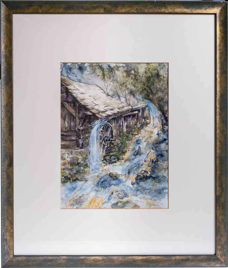 Aquarell alte Mühle mit Fluß, Naturlandschaftsbild mit Passepartout und dunkelgrünem Rahmen - Bild 4