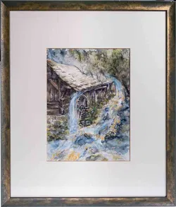 Aquarell alte Mühle mit Fluß, Naturlandschaftsbild mit Passepartout und dunkelgrünem Rahmen - Bild 1