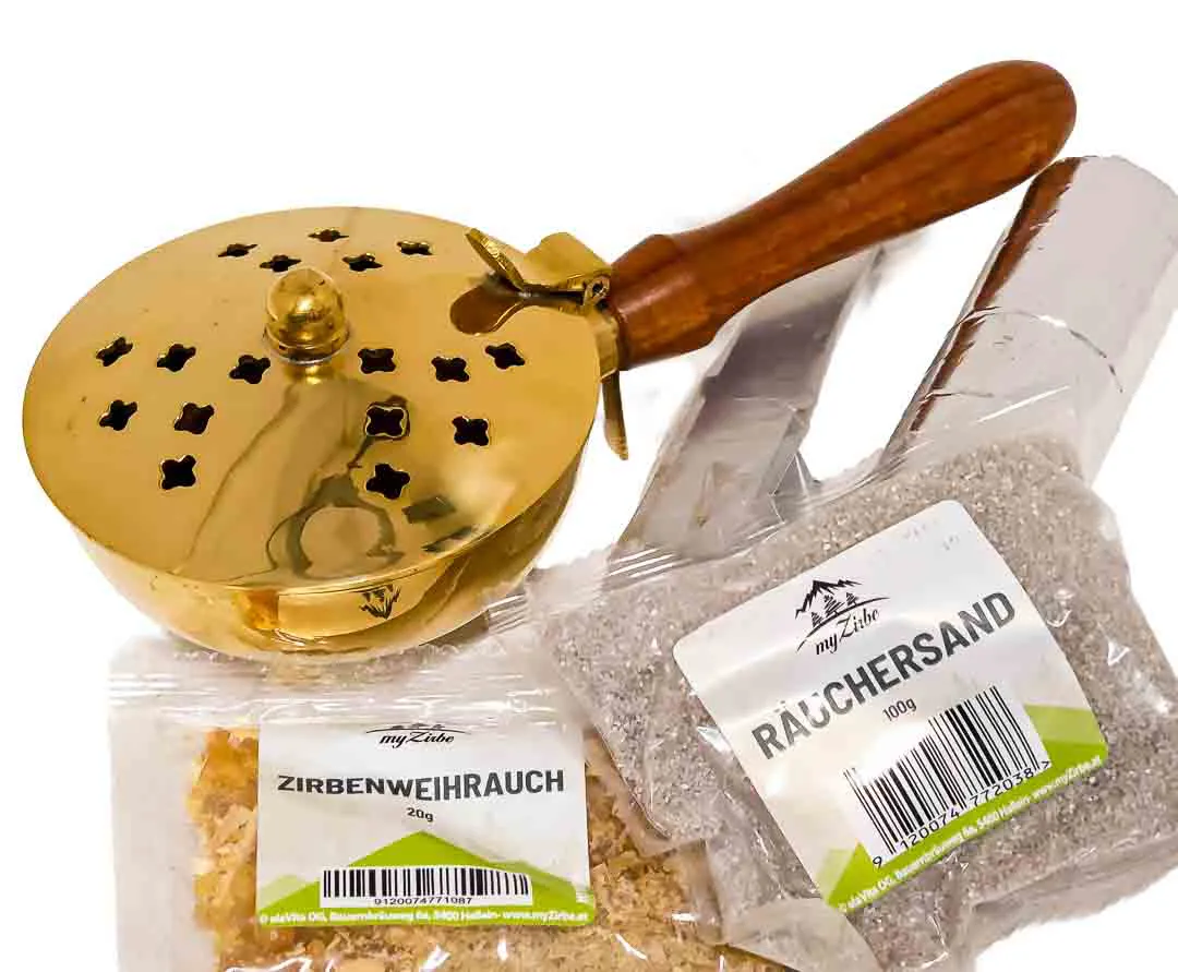 elaVita Räucherpfanne Set 5-teilig Messing Holzgriff Zirbe Hallein - Bild 1