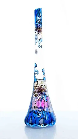 Handbemalte Glasvase mit Blumenmotiv in Blau und Lila 30 cm
