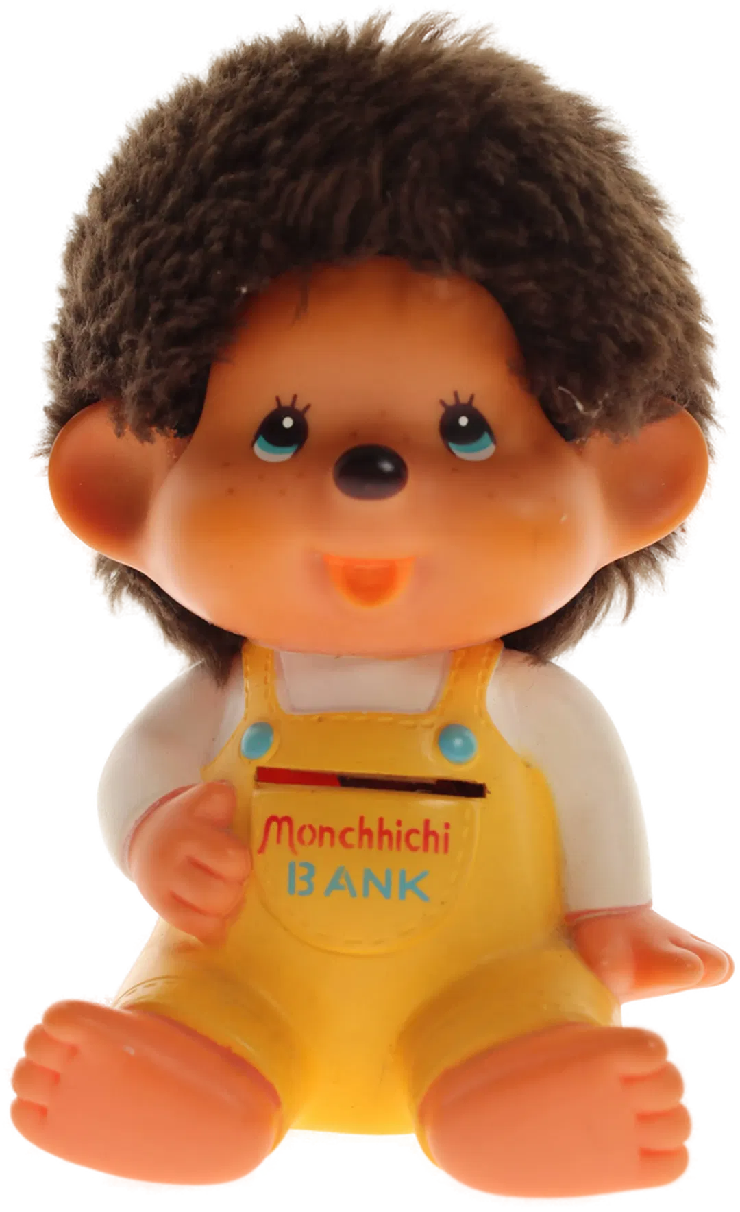 Monchhichi Spardose – ca. 13 cm – gelber Overall – Vintage Sammelfigur „Monchhichi Bank“ - Bild 1