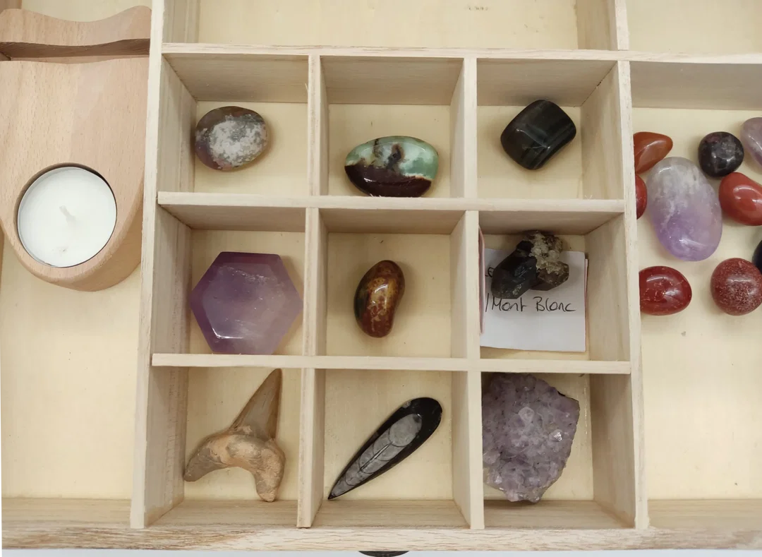 Setzkasten mit Halbedelsteinen, Steinen und 2 Fossilien – Bild 4