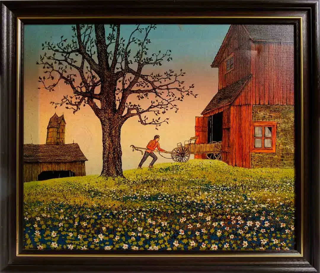 H. Hargrove: Scheune mit Karren – Gemälde auf Leinwand, Druck, signiert im Rahmen ca. 70 × 60 cm - Bild 4