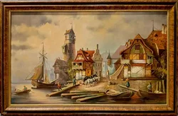 Großes Ölgemälde Hafenstädtchen, signiert Reinold, Prunkrahmen 114x74cm