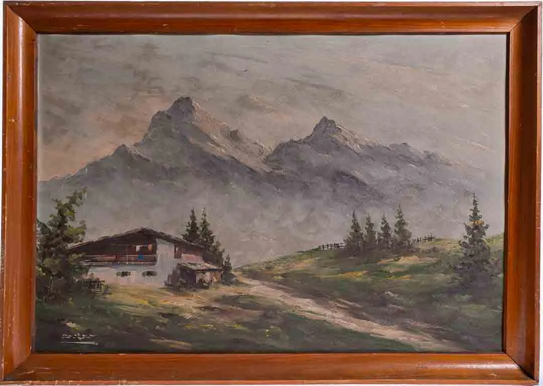 Rustikales Ölbild Bauernhof mit Berg,  Landschaftsmotiv in braunem Holzrahmen - Bild 4