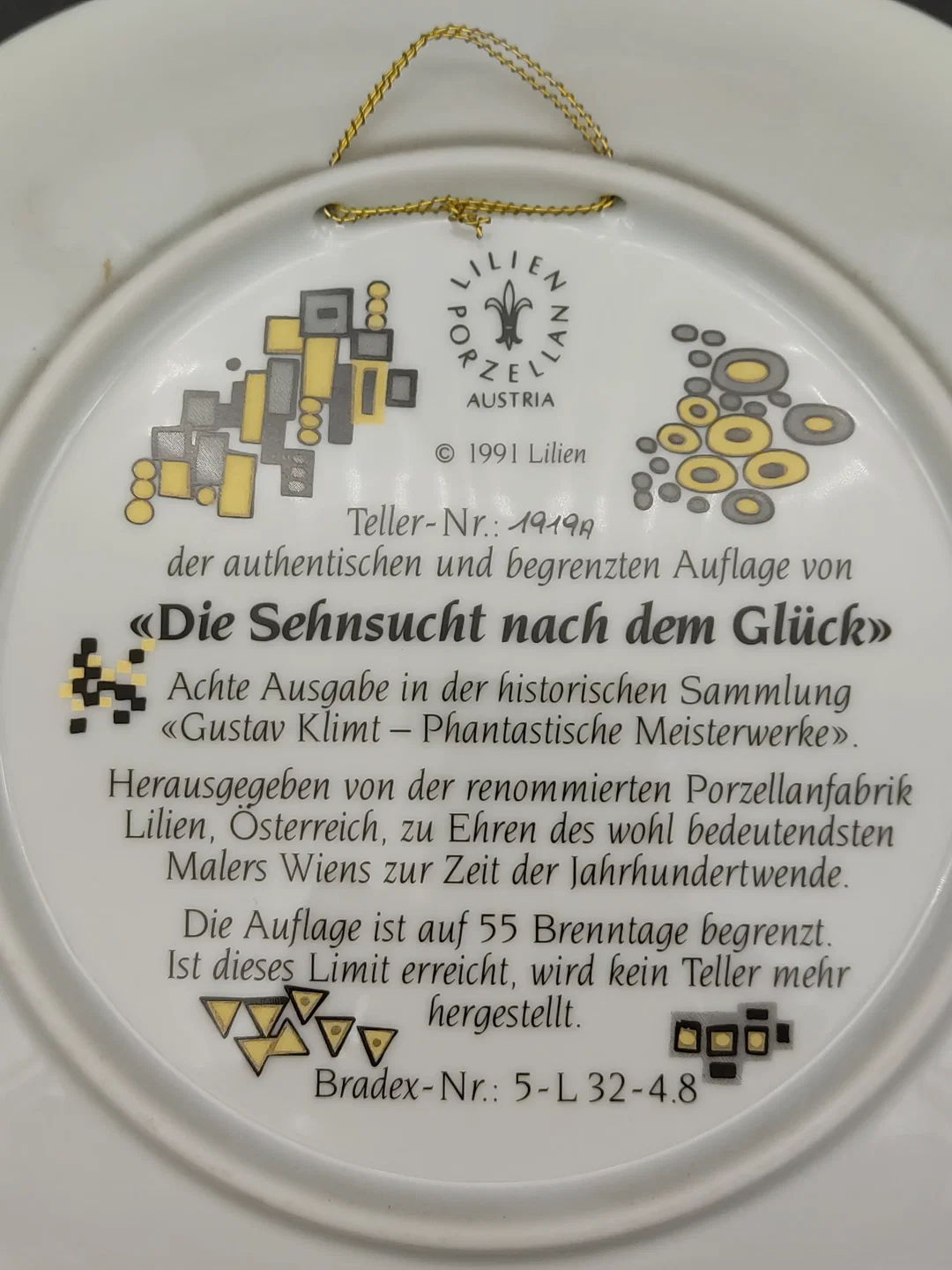 Lilien Porzellan - Sammelteller "Die Sehnsucht nach dem Glück" Gustav Klimt / Teller-Nr.: 1919 A – Bild 3