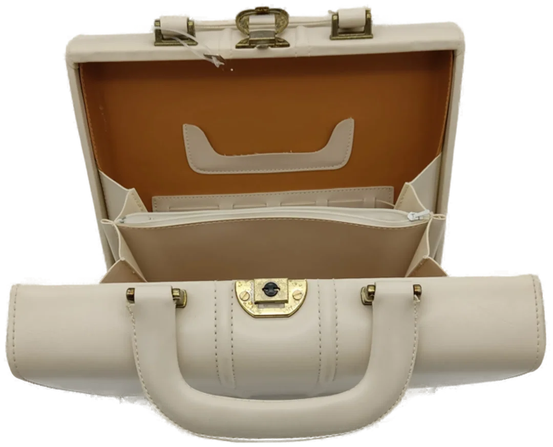 Vintage Leder Kosmetikkoffer mit Schlüssel weiss/beige/braun, ideal für Reisen – Bild 3