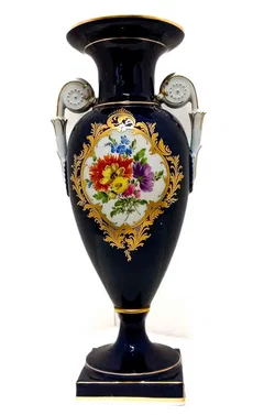 Original Meissen Schlangenhenkelvase Kobaltblau Blumenmalerei Golddekor 25,5cm - Bild 1