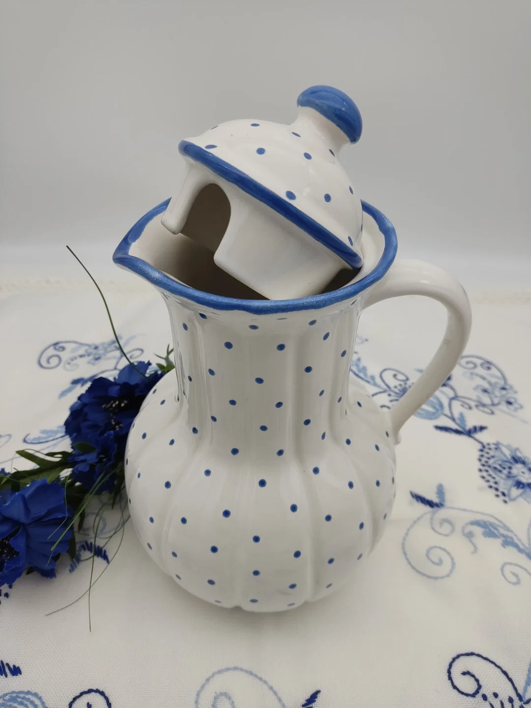 Gmundner Keramik Kaffekanne, Dekor "Tupferl Blau", neuwertig – Bild 2