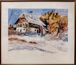 Aquarell Bauernhof im Winter, signiert Kim Penfield, Holzrahmen