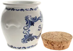 Salztopf aus Porzellan mit Korkdeckel – handbemalt blau-weiß – Vintage – ca. 13,5 cm - Bild 3