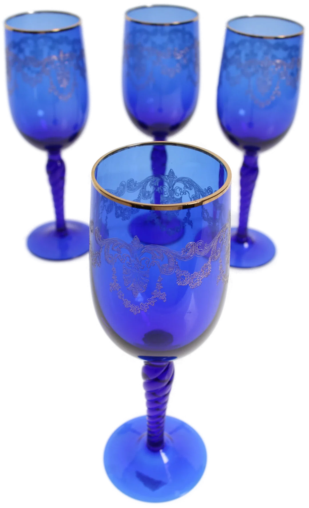 4 Weingläser aus kobaltblauem Glas mit Goldrand und Ornamentgravur – Bild 3