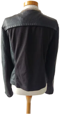 Laura Torelli Damen Kunstlederjacke mit Stoffeinsatz - schwarz mit Strasssteinen am Kragen - Gr.: 36 - Bild 4