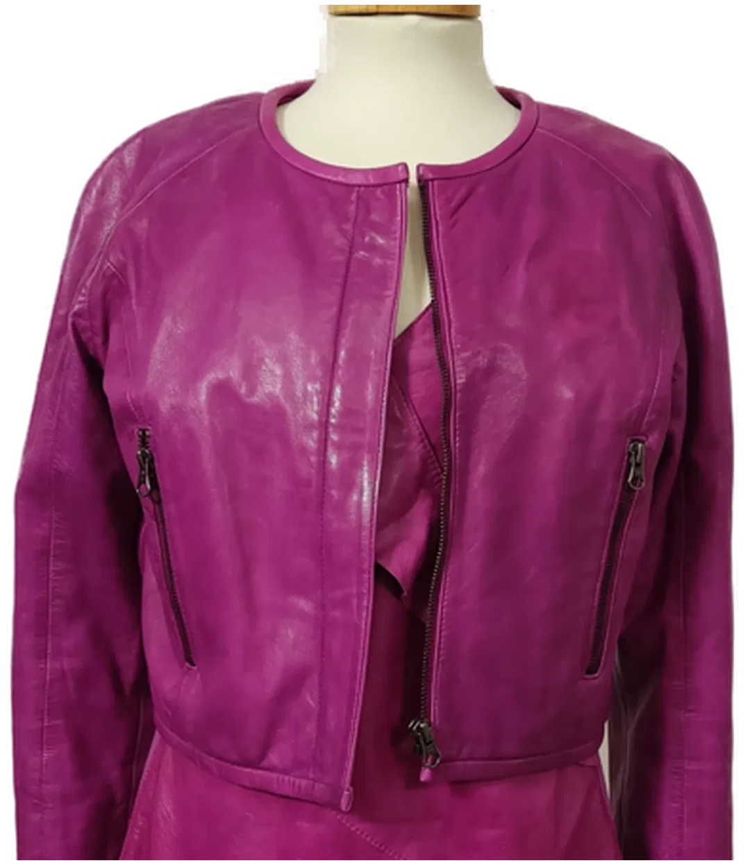 Cigno Nero Damen Zweiteiler Kleid mit Jacke aus Leder in pink Gr.36 – Bild 8