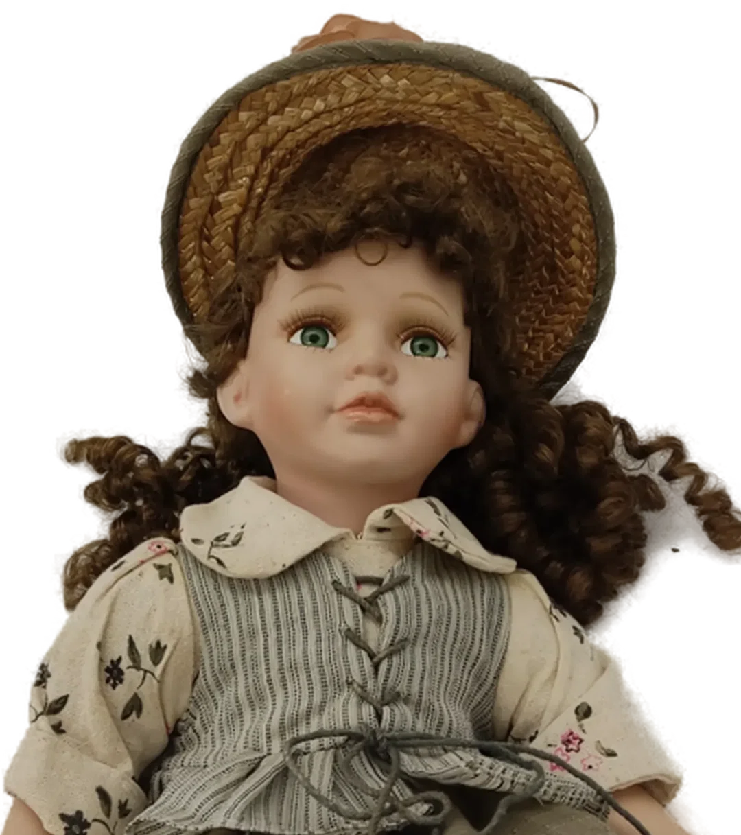 Vintage Porzellanpuppe mit Stoffkörper ca 38cm Sitzende Haltung – Bild 6