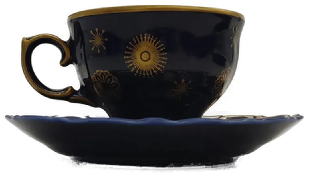  Teller & Tasse mit Untersetzer, blau-gold, Dessertset - Bild 1