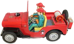 Vintage 60er Blechspielzeug Jeep FIRE DEPT No.5 von TN Nomura Japan – 35 cm Feuerwehrfahrzeug mit Figuren & Funktion - Bild 3